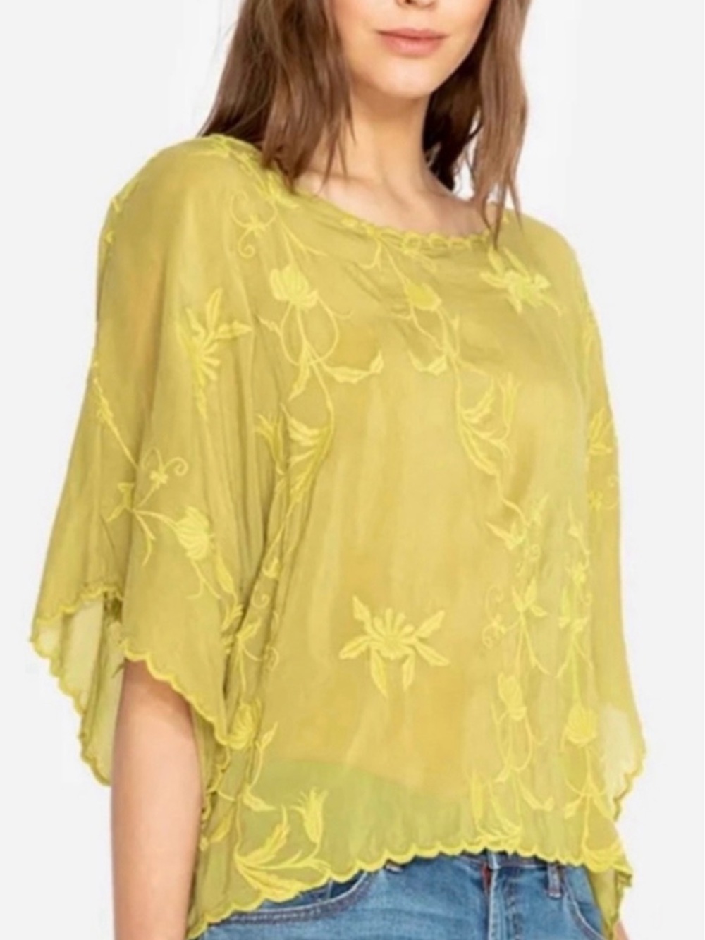 Johnny Was - Embroidered Sheer Lime Floral Blouse